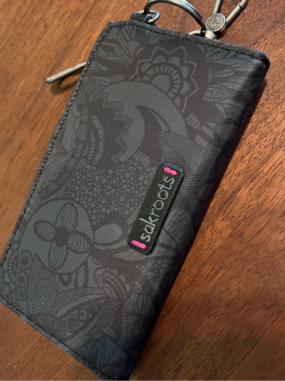 Sakroots Black Floral Zip Phone Wallet with Keyring Clip